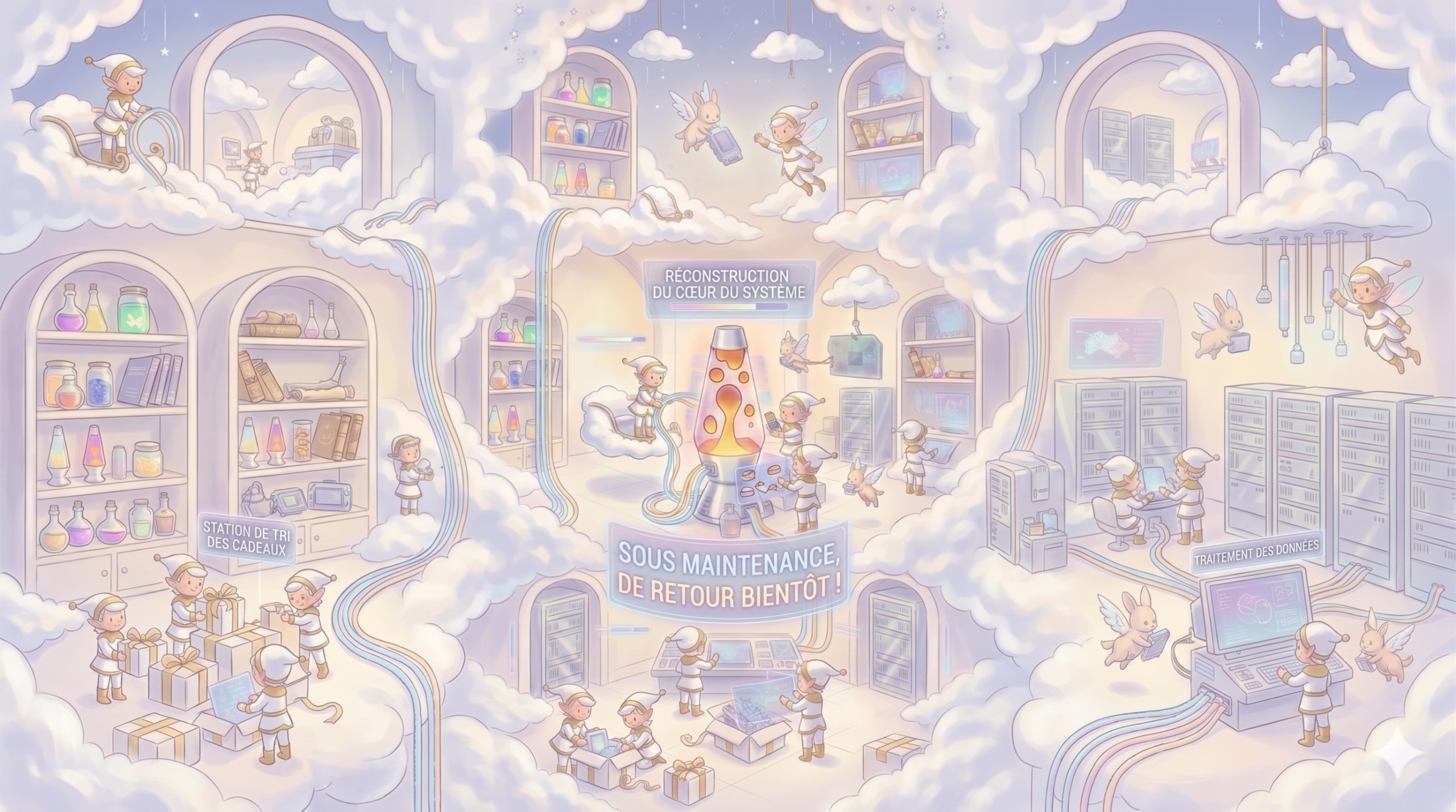 Illustration complexe aux couleurs pastel représentant un grand complexe d'ateliers et de laboratoires dans les nuages sur plusieurs niveaux. De nombreux petits elfes mignons et des créatures ailées ressemblant à des lapins y travaillent. L'élément central est une grande lampe à lave bouillonnante utilisée comme « Cœur du Système », entourée d'écrans holographiques avec du code. Au-dessus du cœur, un texte holographique est visible : « SYSTEM CORE RECONSTRUCTION » (en anglais) et sa traduction « SISTEMOS ŠERDIES REKONSTRUKCIJA ». En dessous du cœur, un grand panneau est suspendu avec le texte vif : « JAU GREITAI DAUG NAUJIENŲ ! » (BIENTÔT BEAUCOUP DE NOUVEAUTÉS !). Sur le côté gauche, des elfes travaillent à la « Gift Sorting Station » (Station de tri des cadeaux), emballant des composants informatiques, par exemple, des cartes mères. Sur le côté droit, un lapin est assis devant une grande station informatique de « Data Processing » (Traitement de données) avec des baies de serveurs. En haut et en bas, des elfes transportent des pièces, volent, travaillent sur des panneaux de contrôle, tandis que les étagères sont pleines de bouteilles de décoctions et d'autres artefacts. Toute la scène est remplie de nombreux petits écrans holographiques affichant des données et une architecture cloud.